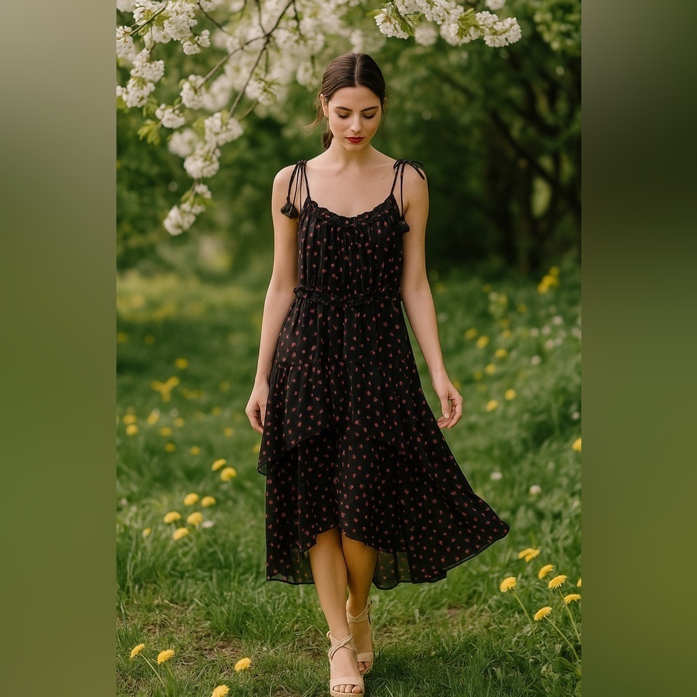 Evie Black Flower Printed Tie Shoulder Strap Midi Maxi Long Dress Layered Ruffle